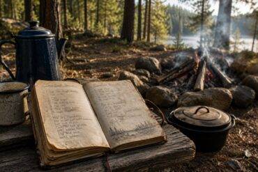 Old trail journal on camp table with enamel coffee pot and cup.