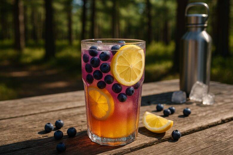 Glass pitcher and mug filled with deep purple alpine berry maple lemonade on a wooden table outdoors.