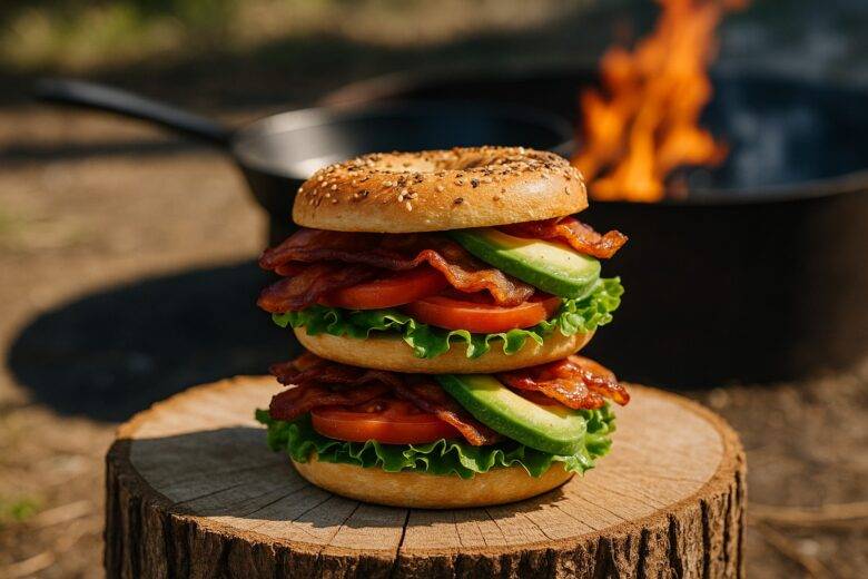 Toasted bagel sandwich layered with crispy bacon, fresh avocado slices, lettuce, tomato, and melted cheese.