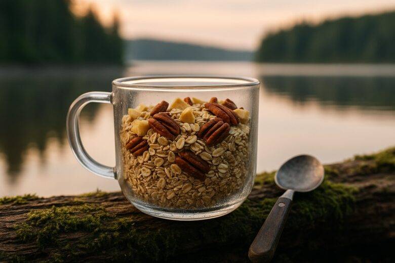 Baked apple pecan muesli cups on a plate, ready for an outdoor camping breakfast.