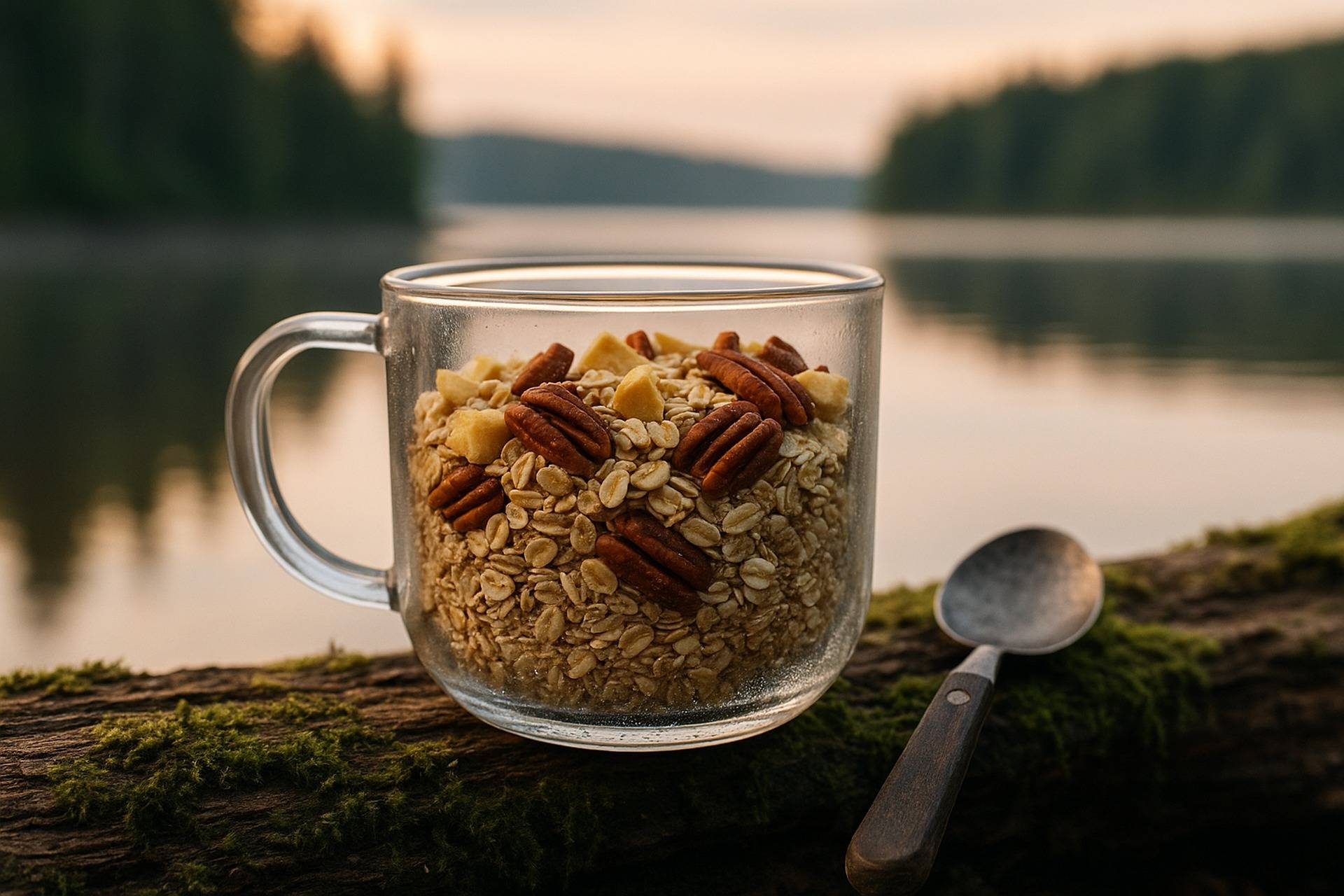 Baked apple pecan muesli cups on a plate, ready for an outdoor camping breakfast.
