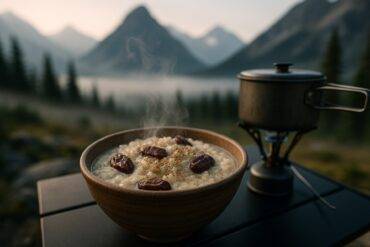 Creamy rice pudding with chopped dates and cardamom spices in a rustic camping pot.