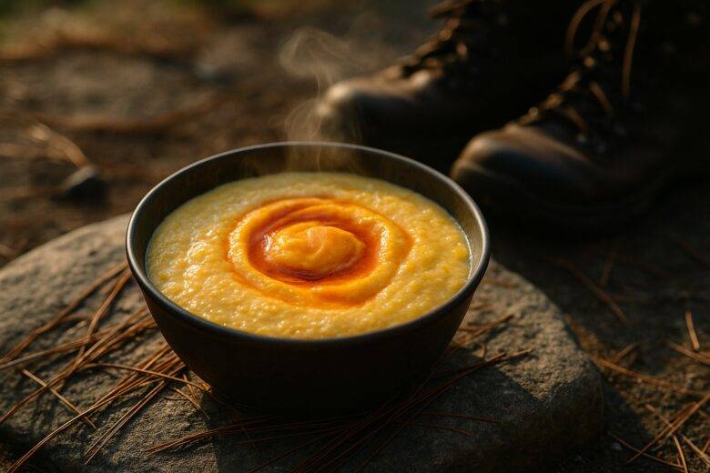 Creamy cheddar grits topped with melting hot sauce butter in a rustic camping pot.