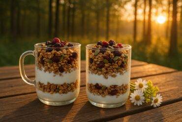 Layered parfaits with yogurt, granola, and fresh berries in clear cups ready for outdoor camping.