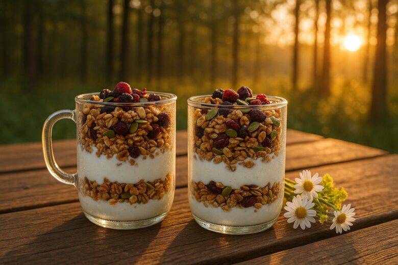 Layered parfaits with yogurt, granola, and fresh berries in clear cups ready for outdoor camping.