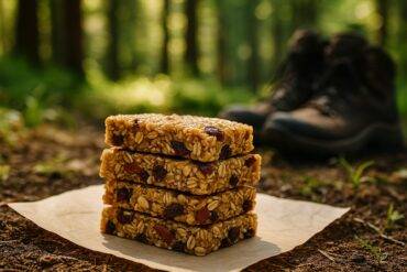 Honey almond granola bars with visible oats and almonds, cut into squares on a rustic wooden surface.