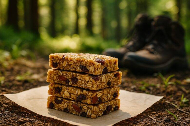 Honey almond granola bars with visible oats and almonds, cut into squares on a rustic wooden surface.
