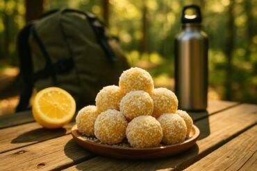 Lemon coconut energy truffles coated in shredded coconut on a rustic wooden surface.