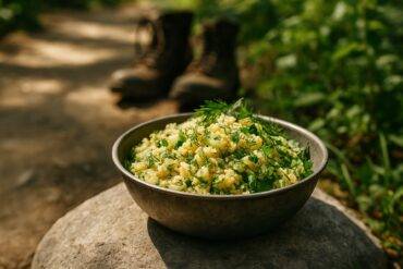 A bowl of quinoa salad mixed with chopped dill, lemon slices, and fresh greens ready for outdoor dining.