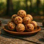 Maple pecan energy bites shaped into small rounds, ready for snacking during outdoor adventures.