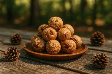 Maple pecan energy bites shaped into small rounds, ready for snacking during outdoor adventures.
