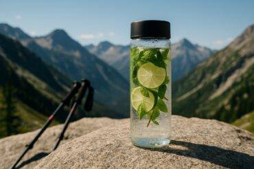Clear green mint-lime tonic in a camping mug with fresh mint leaves and lime wedges on a rustic wooden table.