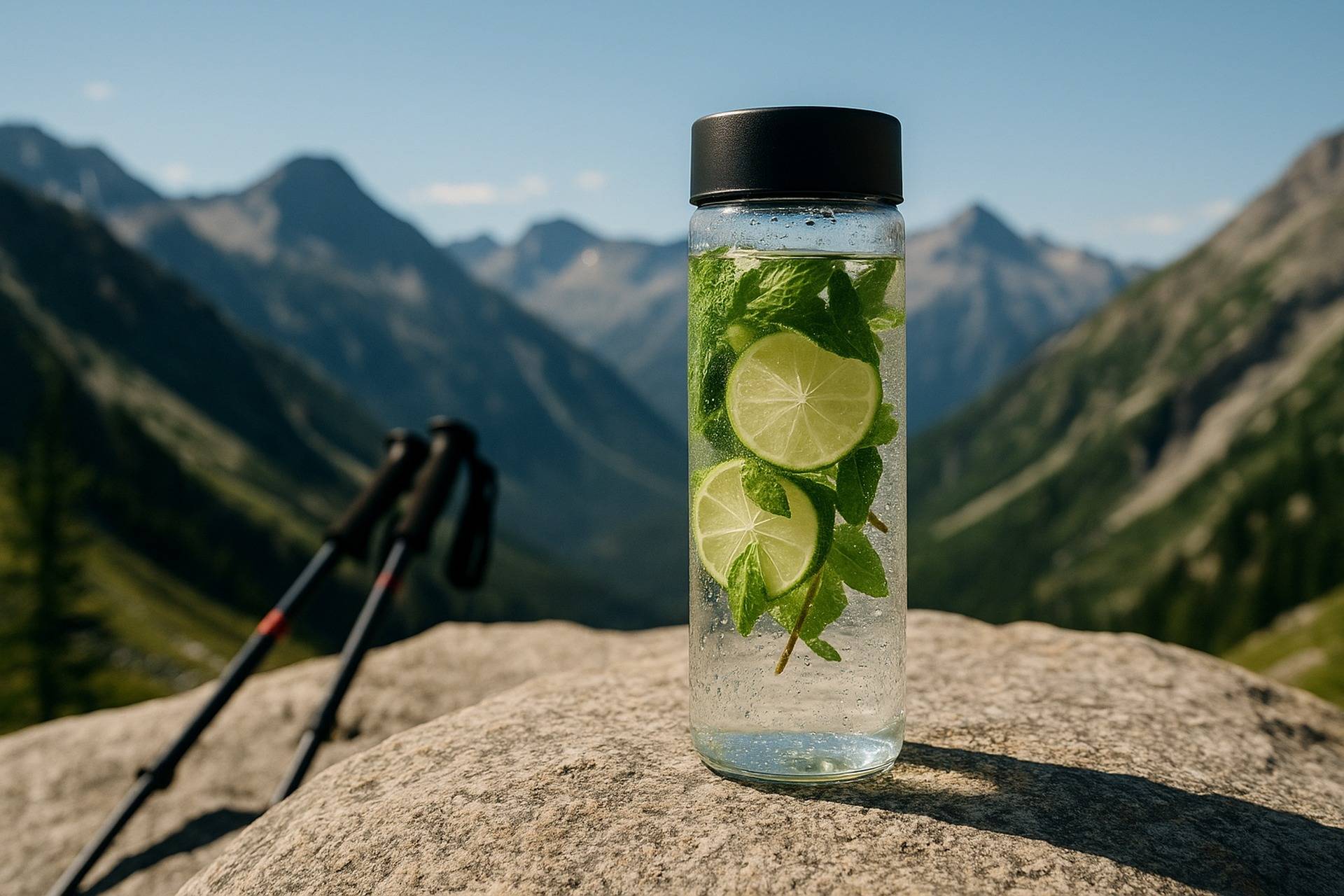 Clear green mint-lime tonic in a camping mug with fresh mint leaves and lime wedges on a rustic wooden table.