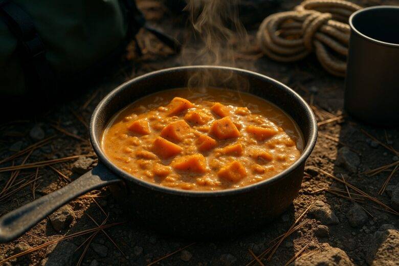 Hearty stew with sweet potatoes and peanut butter in a camping pot over a portable stove.