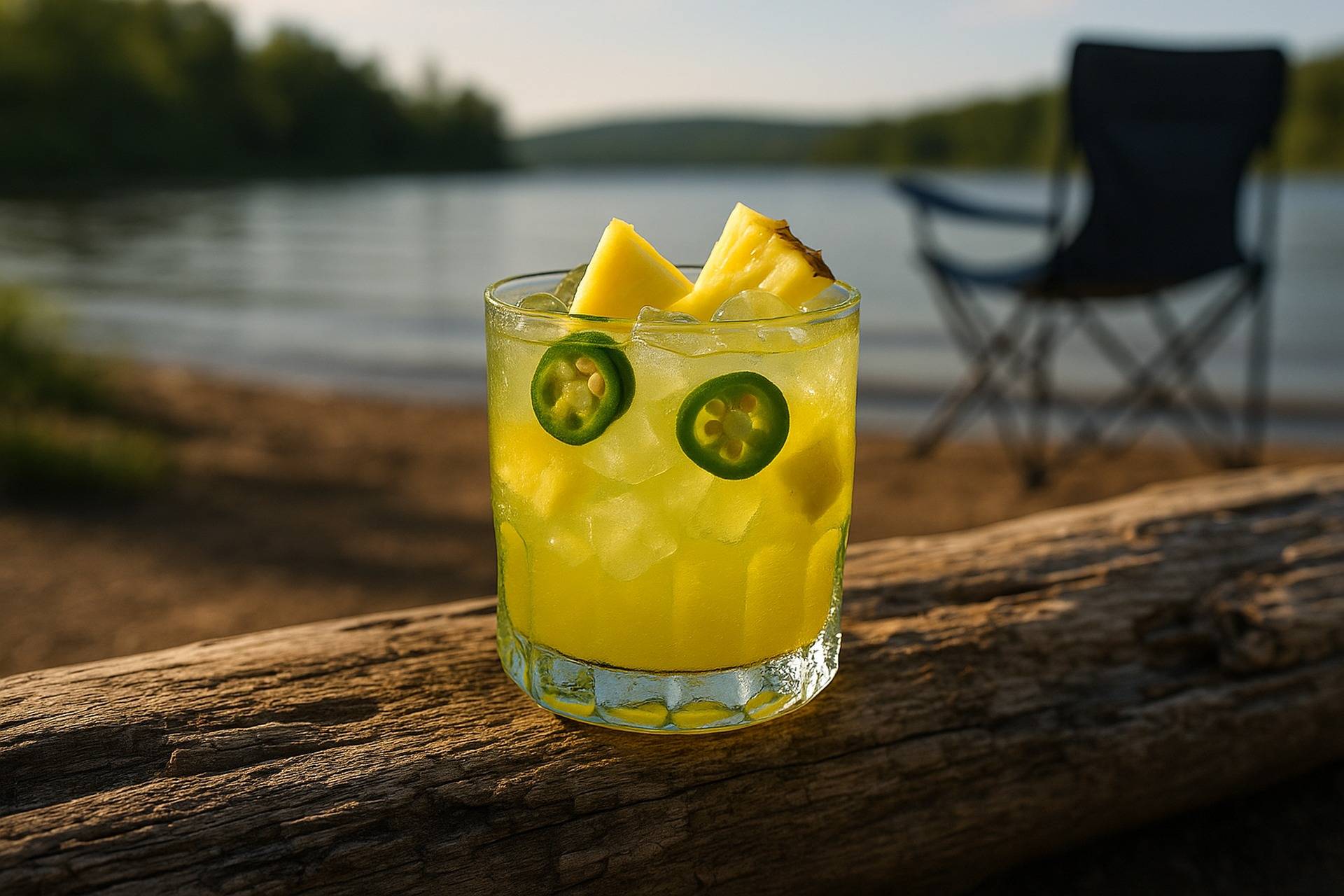 A refreshing pineapple jalapeño drink with ice and lime, served in a camping mug.