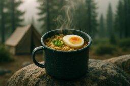 Bowl of steaming miso ramen with egg, greens, and herbs served in a camping setting.