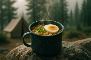 Bowl of steaming miso ramen with egg, greens, and herbs served in a camping setting.