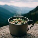 Savory oat and seed bowl topped with fresh herbs and diced vegetables in a camping pot.