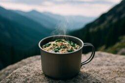 Savory oat and seed bowl topped with fresh herbs and diced vegetables in a camping pot.