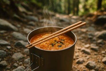 Bowl of ramen noodles with spicy peanut sauce and mixed vegetables ready for outdoor meal.