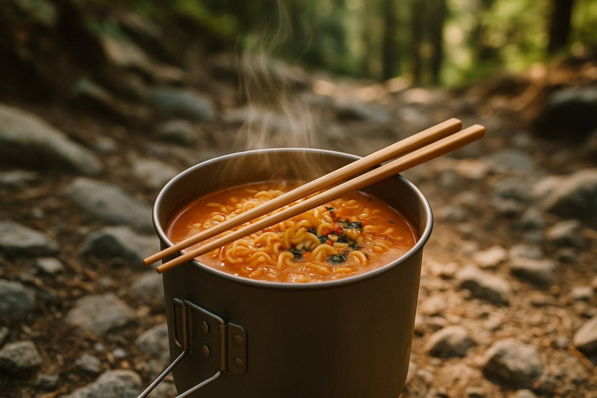 Bowl of ramen noodles with spicy peanut sauce and mixed vegetables ready for outdoor meal.
