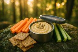 Lunch box with sunflower hummus, crackers, sliced vegetables, and fruit ready for a backcountry meal.