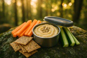 Lunch box with sunflower hummus, crackers, sliced vegetables, and fruit ready for a backcountry meal.