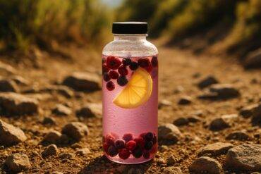 A clear bottle filled with pink wild berry electrolyte water beside fresh berries on a wooden surface.