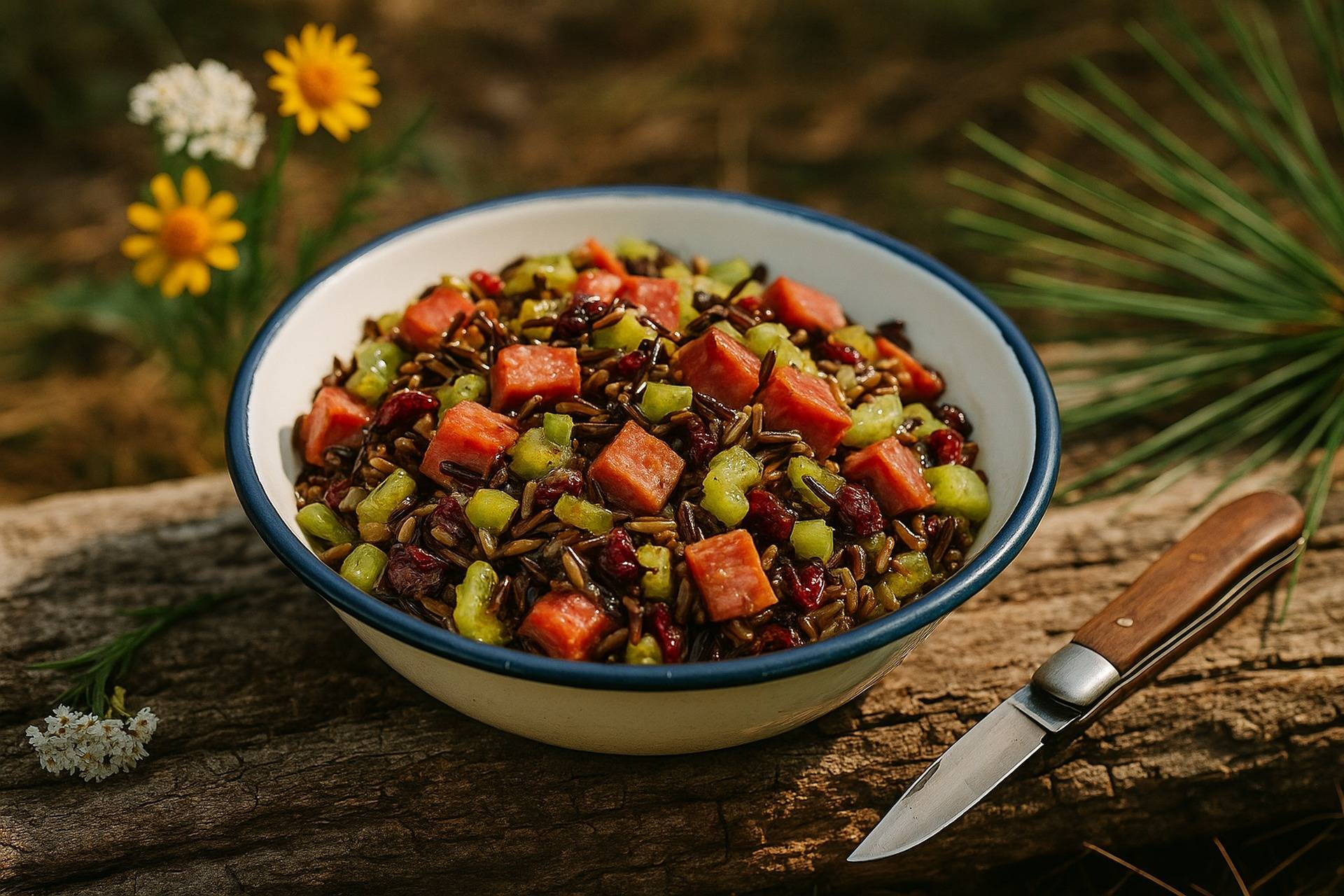 A bowl of wild rice salad mixed with summer sausage, vegetables, and herbs ready for outdoor dining.