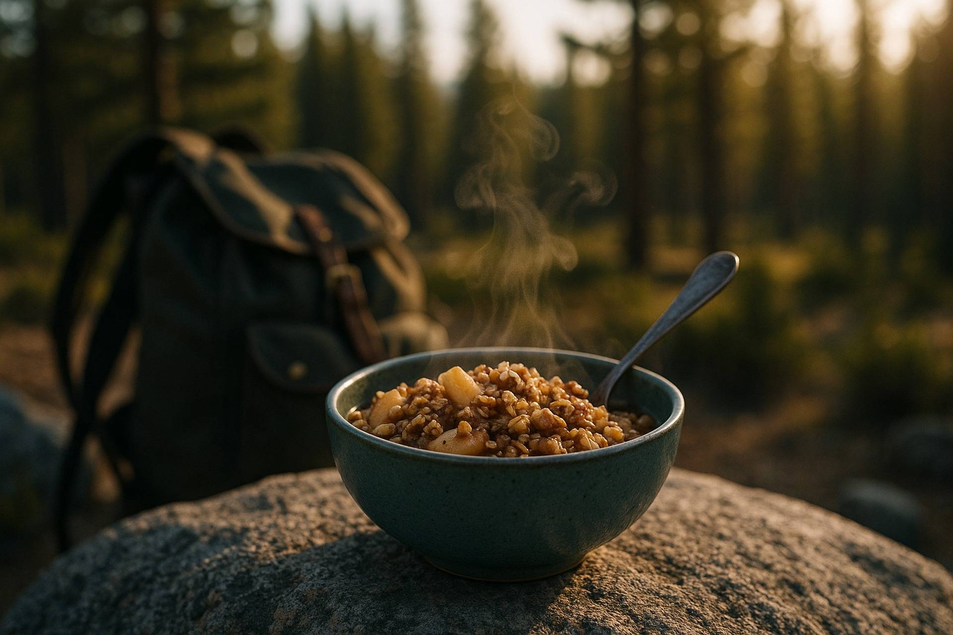Golden baked pear and walnut crisp topped with a maple glaze in a cast-iron skillet over a campfire.