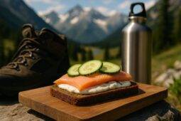 Open rye sandwich topped with smoked trout, horseradish sauce, and fresh greens on a rustic surface.