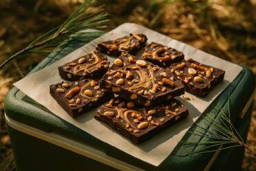 Chunks of chocolate peanut butter bark arranged on a rustic plate, ready for a backpacking snack.