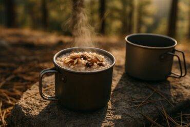 A bowl of creamy cinnamon almond rice porridge topped with sliced almonds on a camping table.
