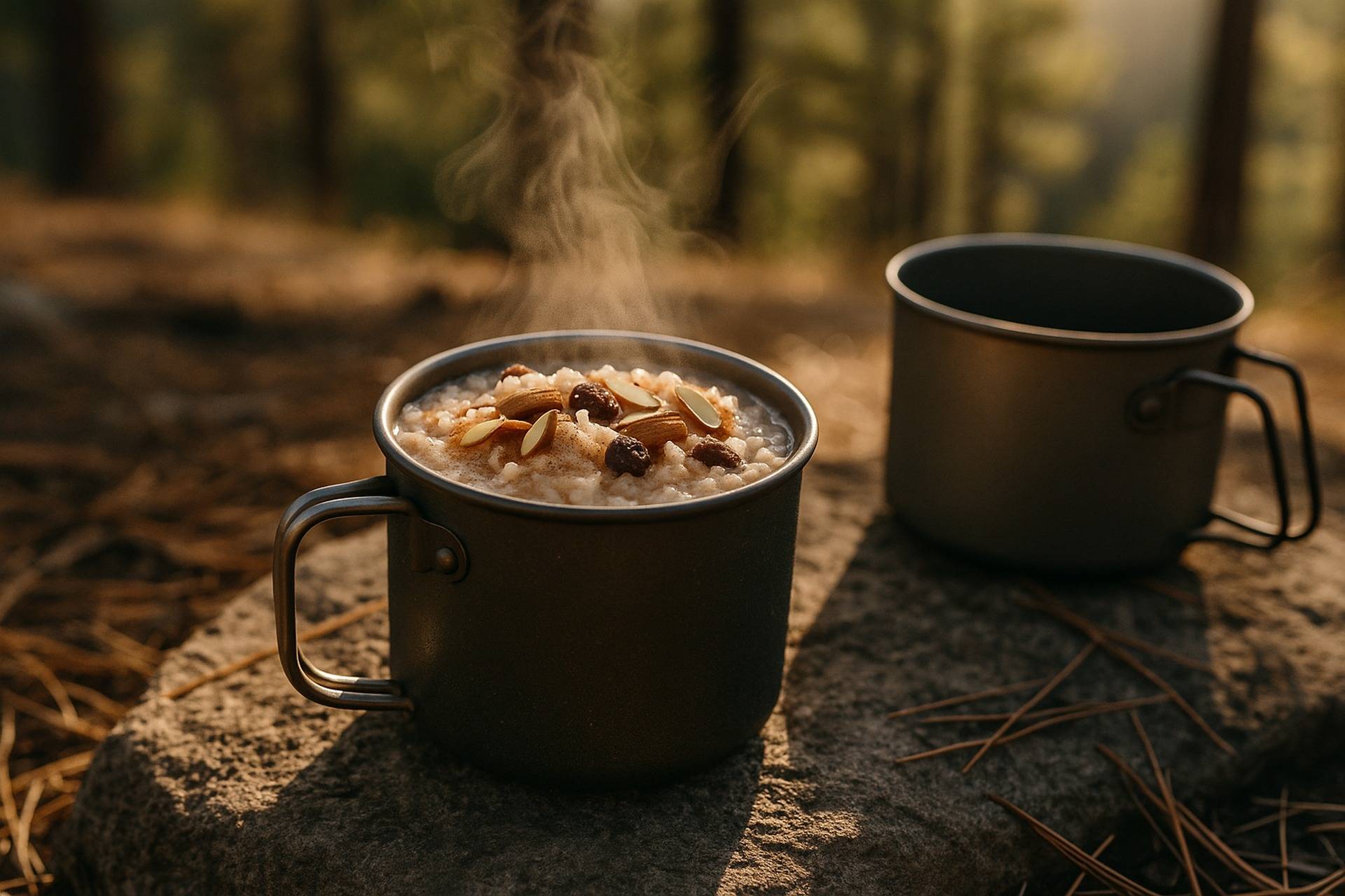 A bowl of creamy cinnamon almond rice porridge topped with sliced almonds on a camping table.