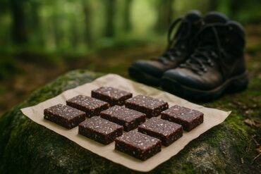 Stacked cocoa coconut date bars on parchment paper, ready for packing on a camping trip.
