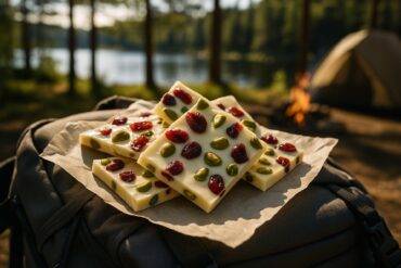 White chocolate bark with cranberries and pistachios broken into pieces on a camping-themed surface.