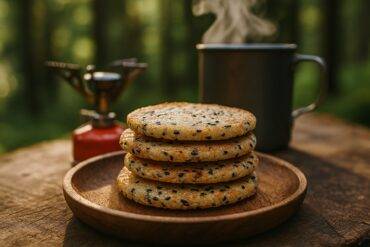 Golden-brown rice crackers with sesame seeds and ginger ready to enjoy during backpacking.