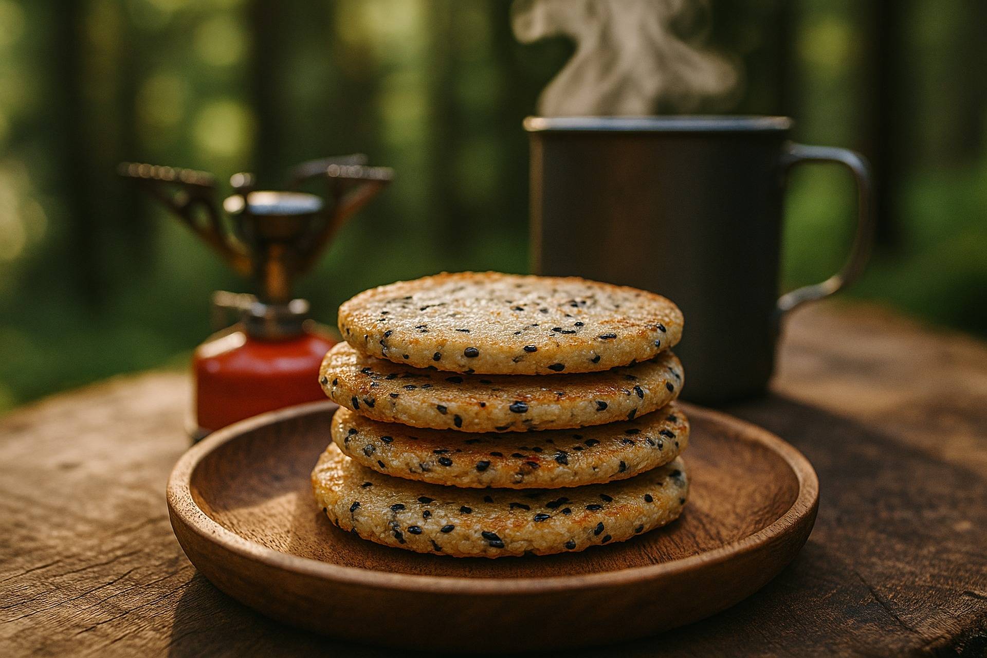 Golden-brown rice crackers with sesame seeds and ginger ready to enjoy during backpacking.