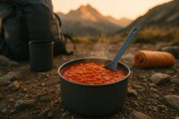 Red lentil tomato curry served in a camping pot with a spoon, ready to eat outdoors.
