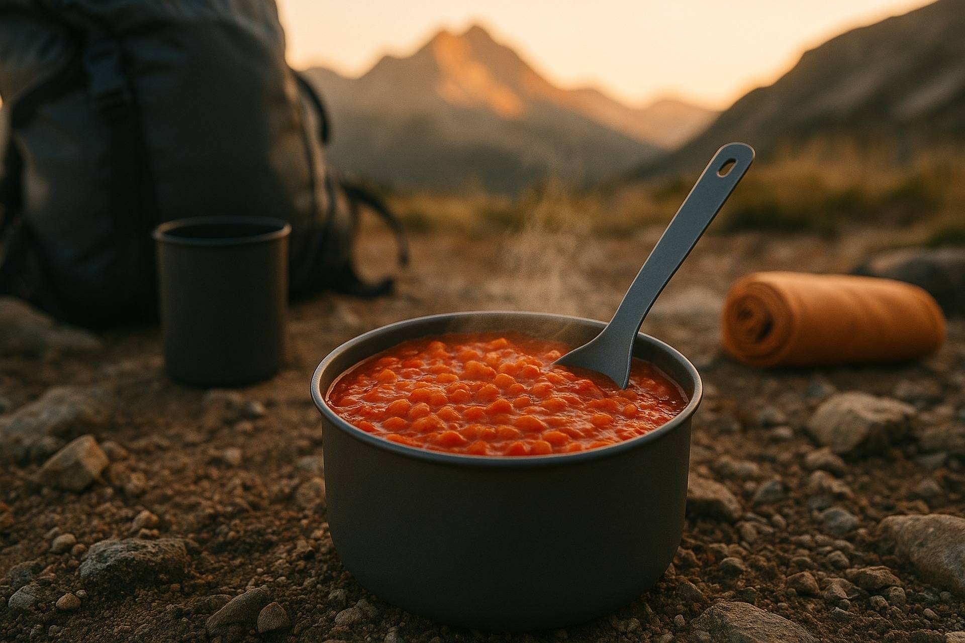 Red lentil tomato curry served in a camping pot with a spoon, ready to eat outdoors.
