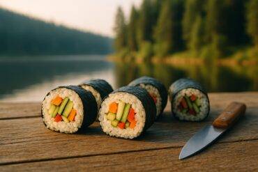 Savory nori rolls filled with rice and vegetables, ready to pack for a backpacking meal.