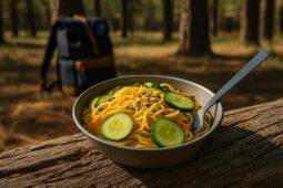 A colorful noodle salad with cucumber slices and sesame seeds in a camping pot.