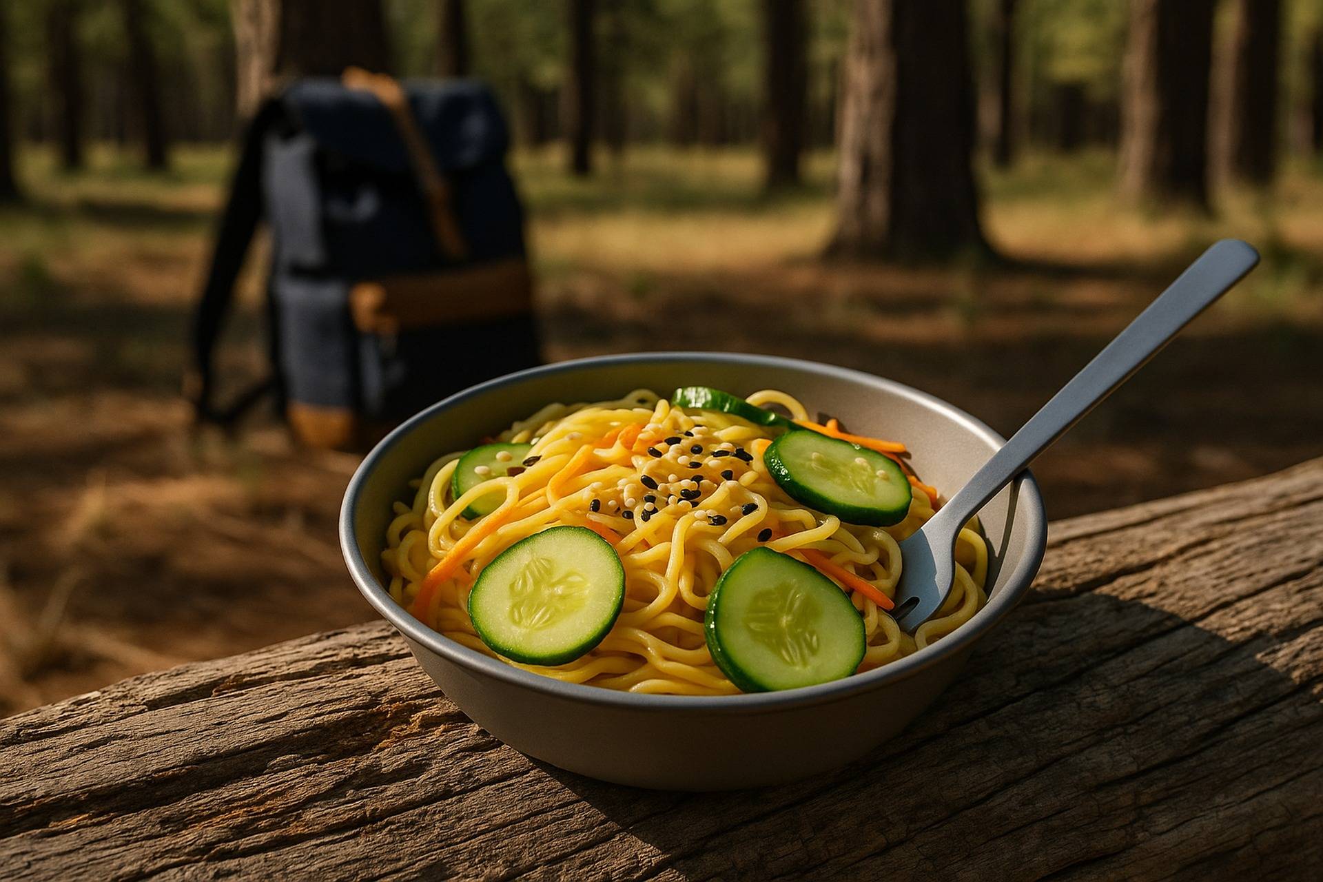 A colorful noodle salad with cucumber slices and sesame seeds in a camping pot.