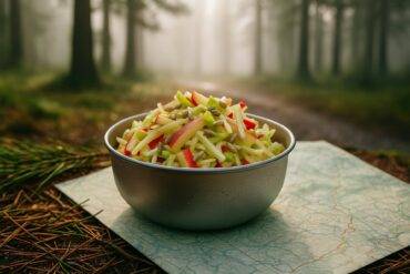 Tangy apple and celery slaw served in a bowl with chopped nuts and fresh herbs.