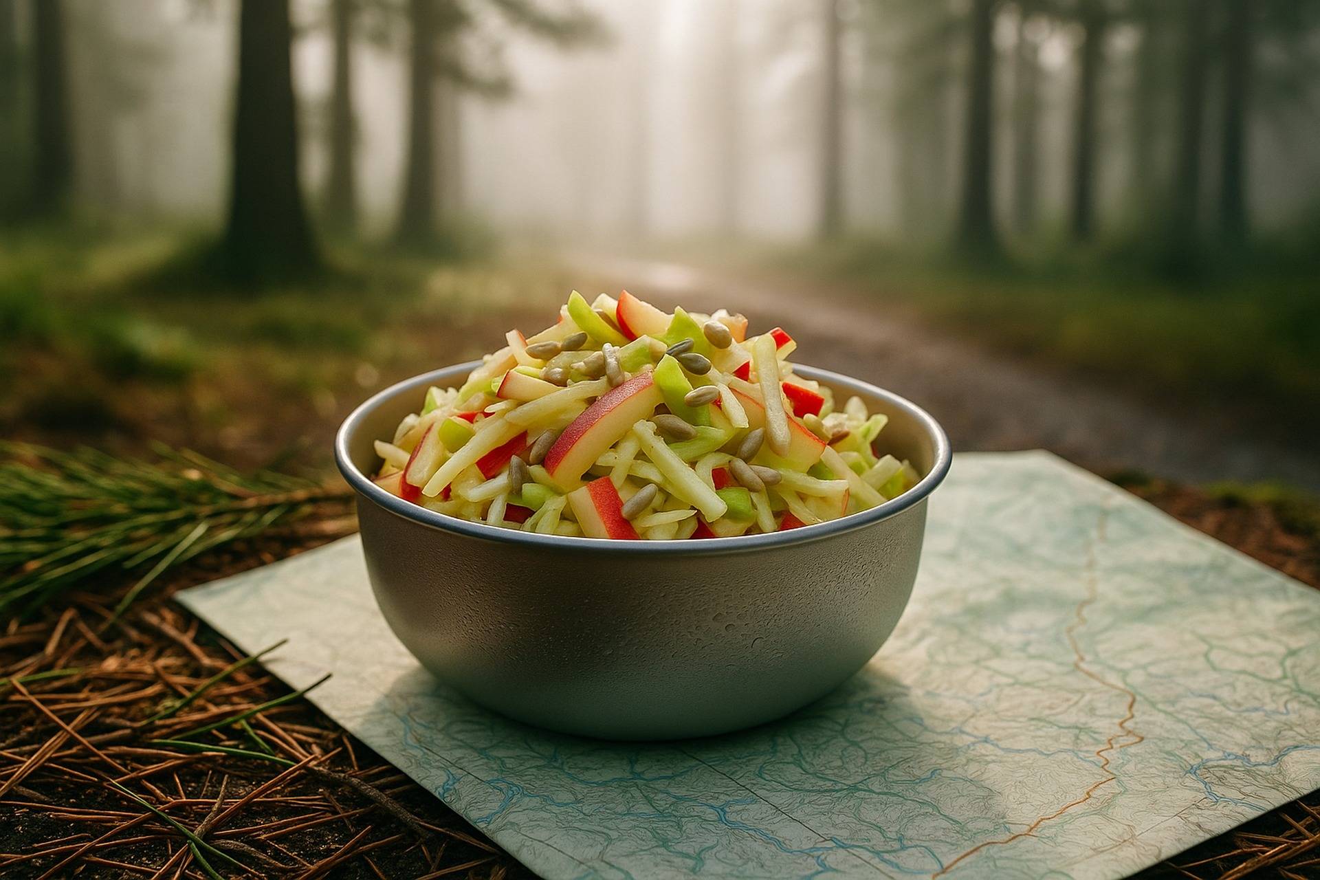 Tangy apple and celery slaw served in a bowl with chopped nuts and fresh herbs.