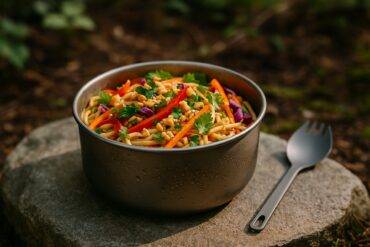 A colorful Thai peanut noodle salad with chopped vegetables and herbs in a camping bowl.