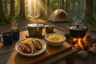 Skillet with sizzling sausages and vegetables cooked over a campfire for a camping meal.