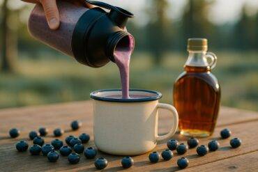 Tall glass of creamy blueberry smoothie with maple syrup, fresh berries, and a campfire in the background.