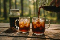 Cold brew coffee in a clear mug with ice, ready for refreshing camp mornings.