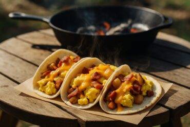 Two breakfast tacos filled with crispy bacon, browned potatoes, scrambled eggs, and melted cheese on a rustic plate.